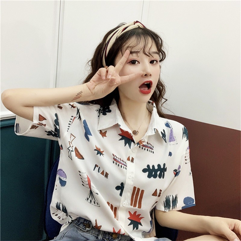 LEEVA - Áo sơ mi trắng họa tiết phong cách Hàn Quốc: Trắng