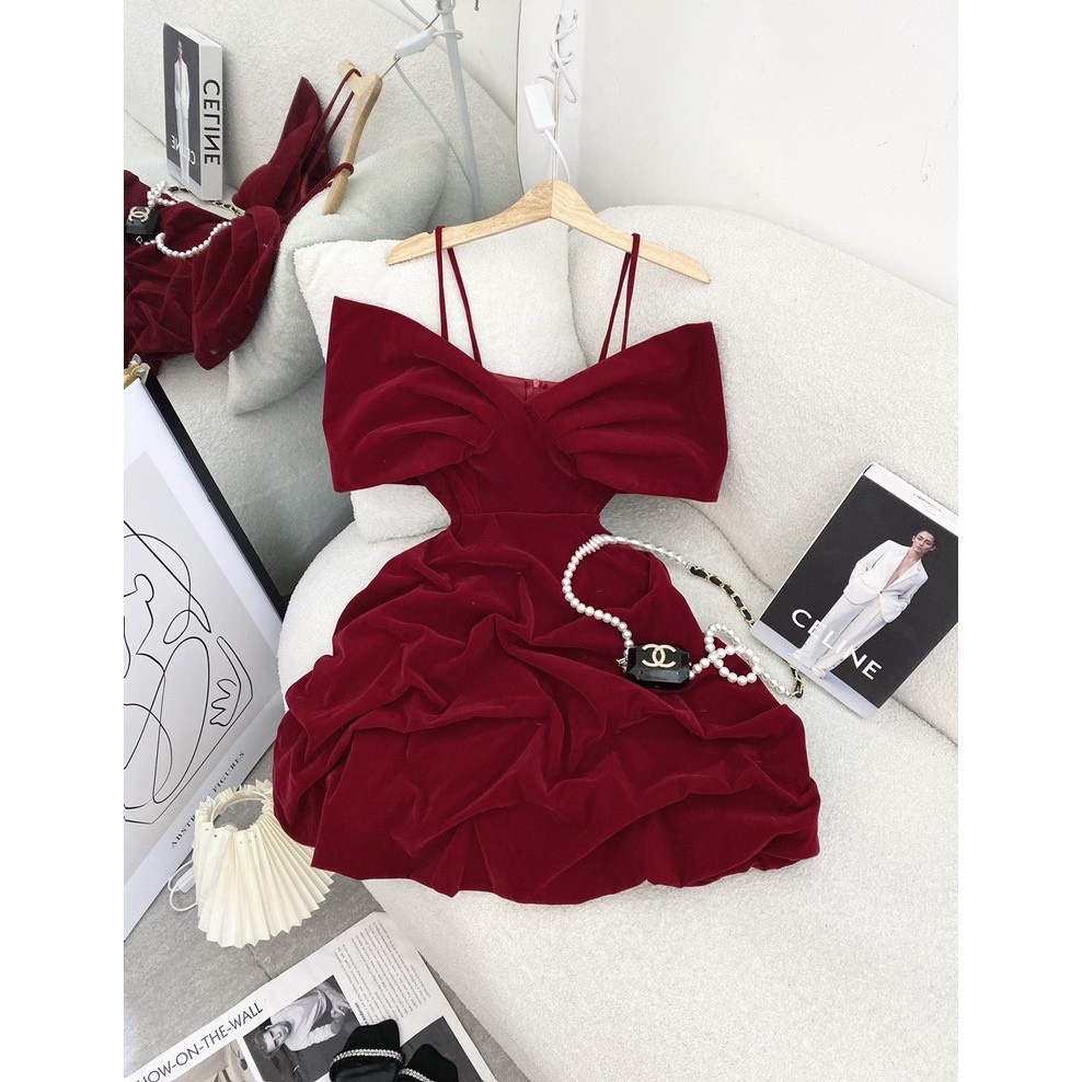 Đầm nhung đỏ bẹt vai cao cấp -  MIRA Dress