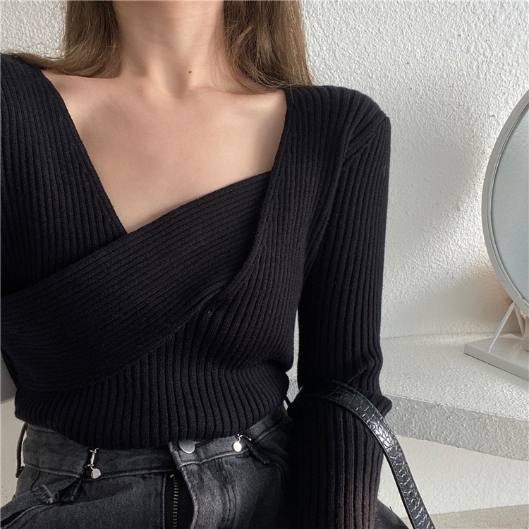 【ZHELIHANGFEI】Áo Sweater Dệt Kim Tay Dài Thiết Kế Cổ Chữ V Thanh Lịch