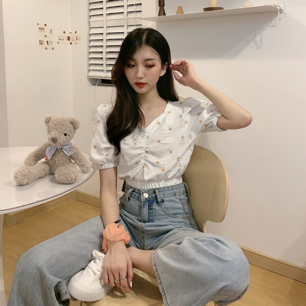 Áo kiểu Ulzzang nữ hoa nhí, áo rúm ngực phong cách Hàn Quốc C30 - Maoshop