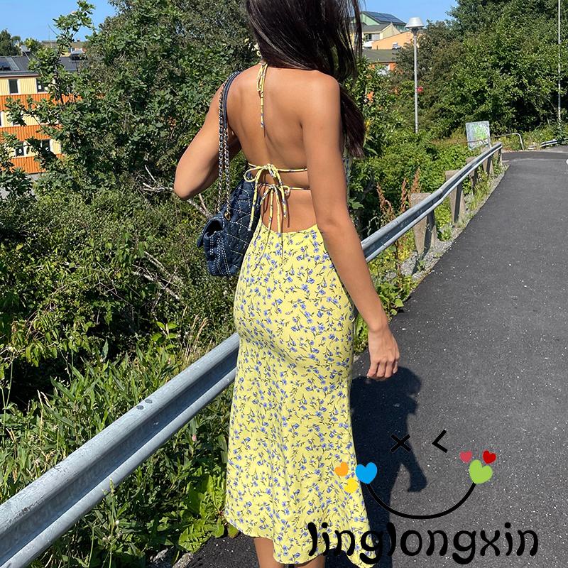 ❤ES✪Women´s Dress Floral Print Sleeveless Halter Tie Design Open Back Side High Slit Summer Dress