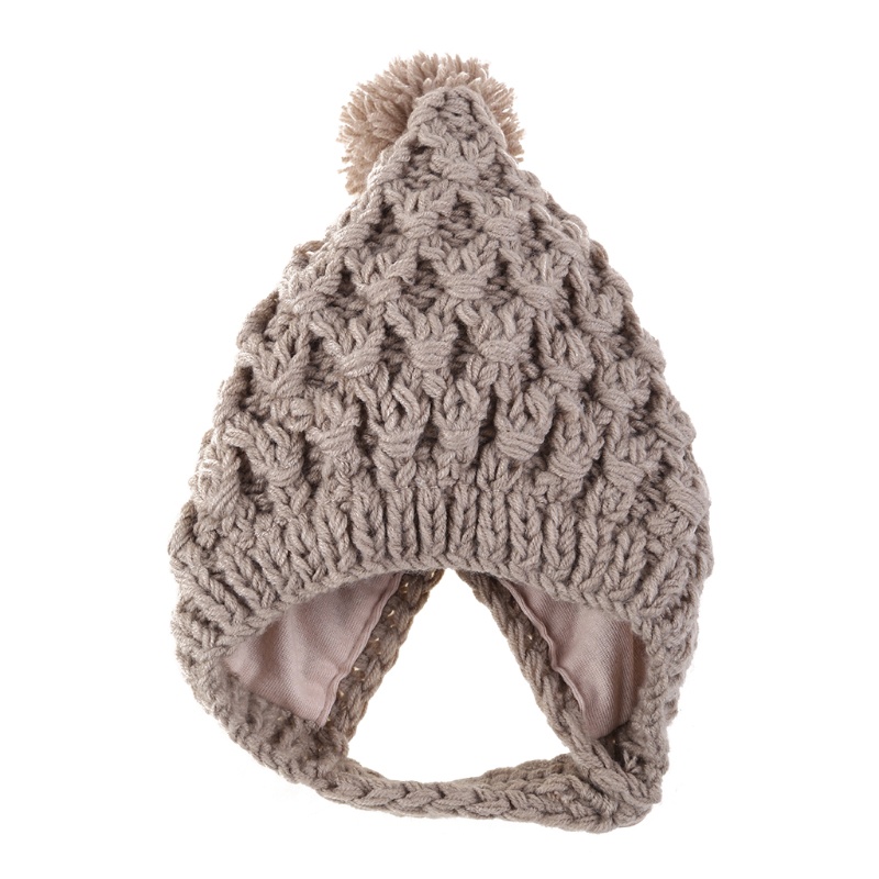 Mũ Beanie Dệt Kim Màu Trơn Đính Bóng Lông Giữ Ấm Tai Thời Trang Mùa Đông Cho Bé Trai Và Gái