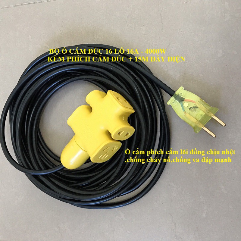 Trọn bộ dây điện 5m-10m-15m-20m-30m-50m dây 2 x 2.5 lỏi đồng ,kèm ổ cắm phích cắm đúc nhựa dẻo có đèn báo sáng 16A4000w