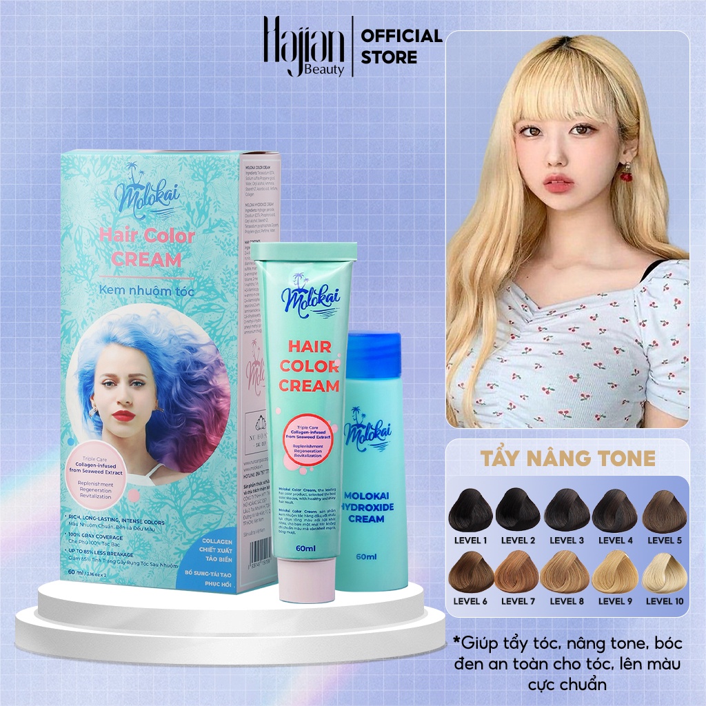 Thuốc tẩy tóc Molokai 60ml, tẩy nâng tone nền tóc, bóc đen an toàn không xơ tóc, lên màu cực chuẩn - Hajian Beauty