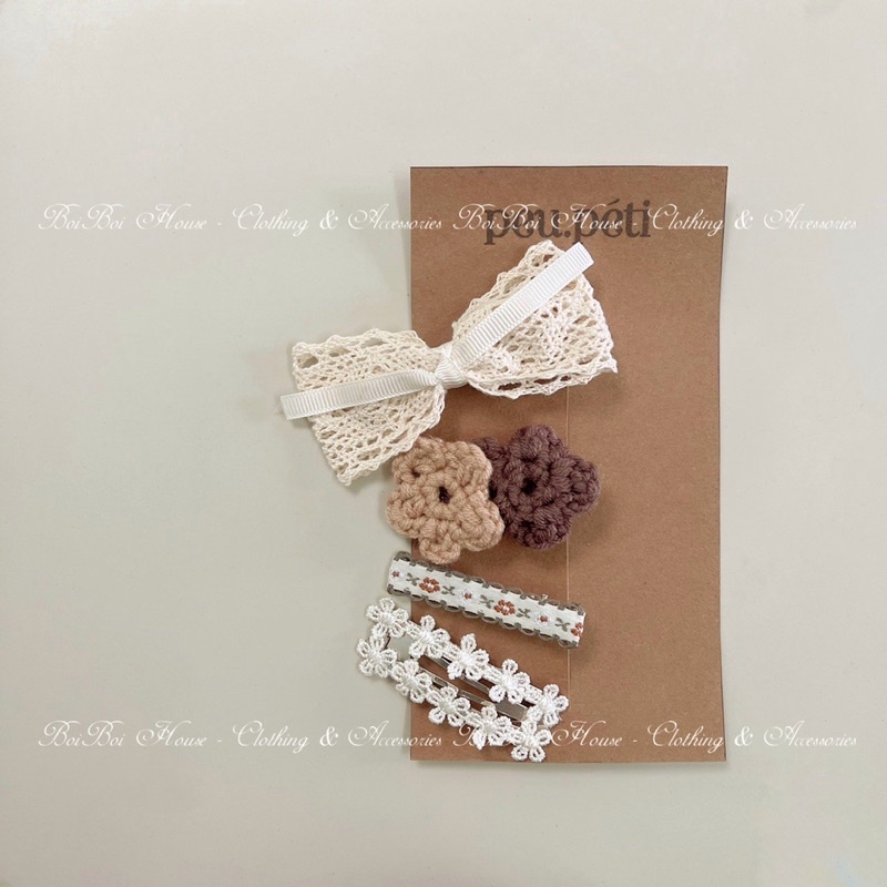 Set 4 kẹp tóc style Hàn Quốc tone màu Beige & Coffee cho bé từ 0m