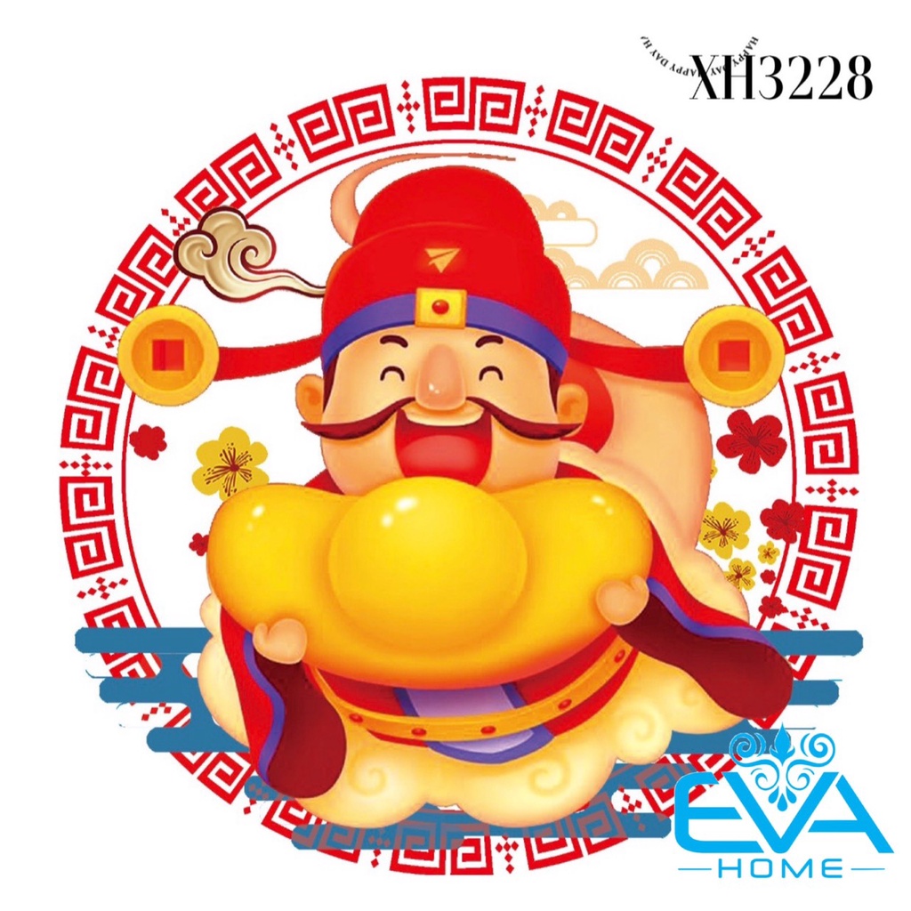 Decal Dán Tường Dán Kính Trang Trí Tết Họa Tiết Thần Tài Ôm Thổi Vàng Đón Xuân XH3228 M3595