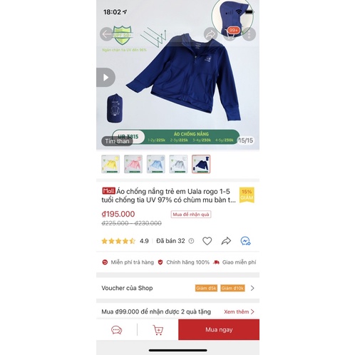 Ualarogo áo khoác chống tia UV 97% có mũ, chùm tay