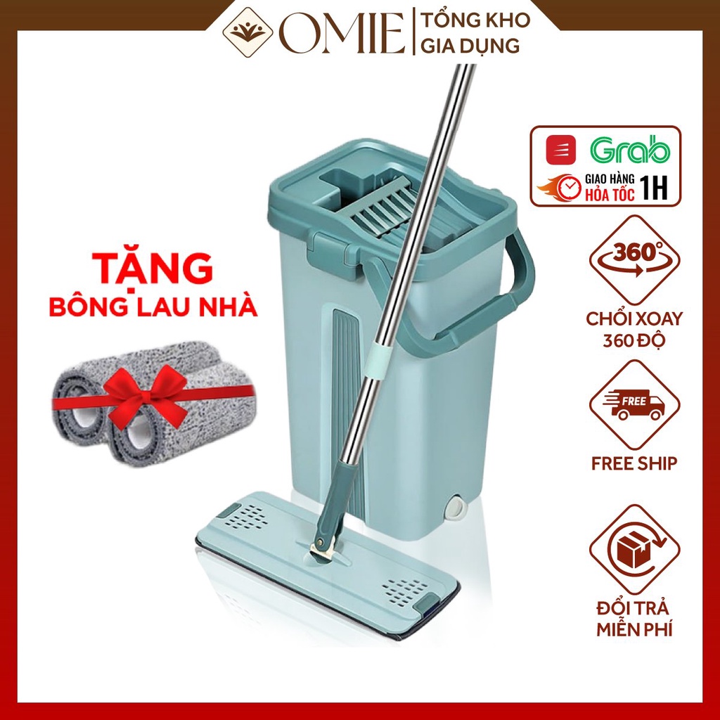 Bộ cây lau nhà xoay 360 độ tự vắt thông minh 2 vách ngăn cao cấp loại to, dầy dặn (Tặng kèm thùng, 2 miếng lau)