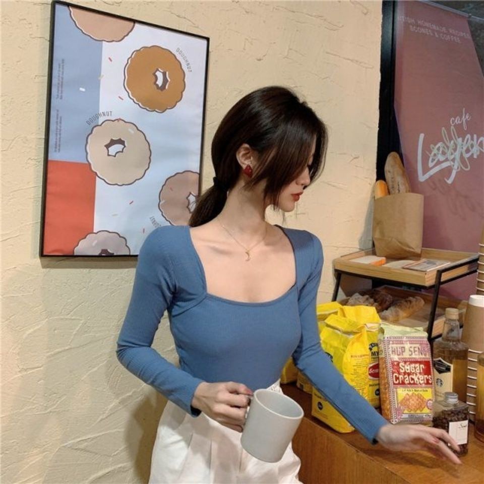 Áo thun COZOK tay dài cổ vuông phong cách Hàn Quốc quyến rũ dành cho nữ