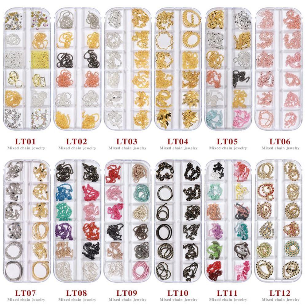 ღOKDEALSღ 12 Grids DIY Metal Chain 3D Manicure Decor Metallic Rivet Charms NEW Mixed Style Stars Moon Nail Jewelry