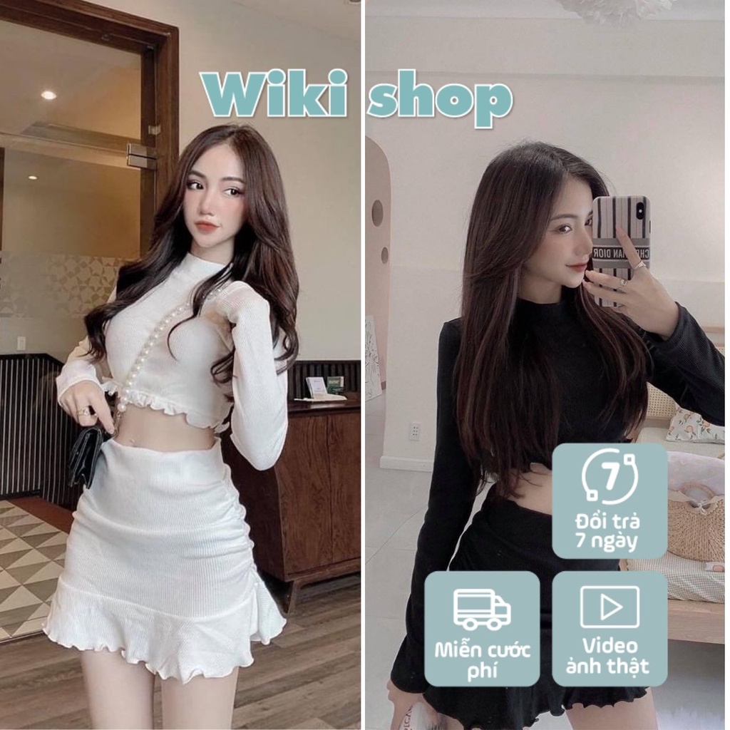 Set váy đầm nữ áo croptop dài tay mix chân váy bút chì đuôi cá freesize màu đen trắng phom ôm sexy tôn dáng C633