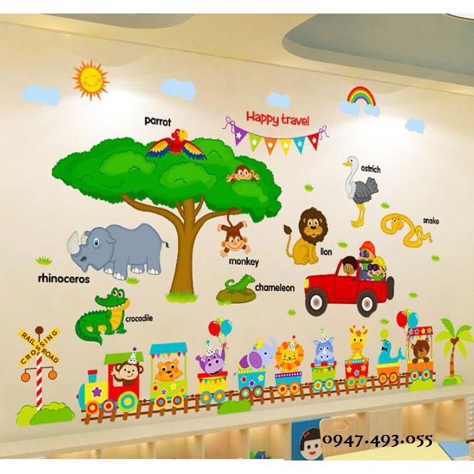BỘ COMBO DECAL GHÉP ĐÔI TRANG TRÍ - Thú Tiếng anh phối Xe Lửa ( 2 TẤM )