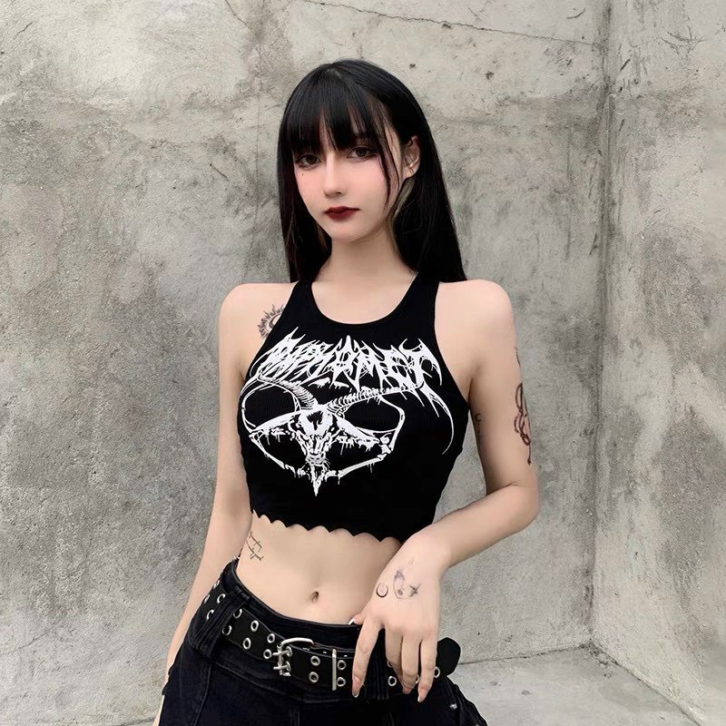 Áo kiểu 3 lỗ croptop đáy cưa in hình đầu sừng cá tính , chất thun gân mềm mịn na