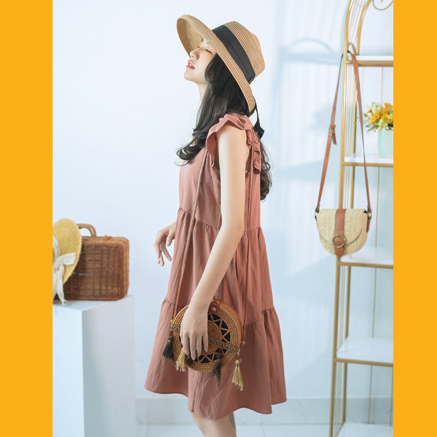 Váy babydoll đũi dáng dài cổ vuông cánh tiên 3 màu trắng nâu be hàng cao cấp | BigBuy360 - bigbuy360.vn