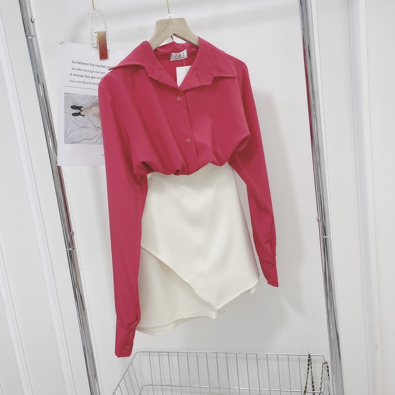 Set Áo Sơ Mi Hồng Mix Chân Váy Chữ A Trắng Dáng Rộng