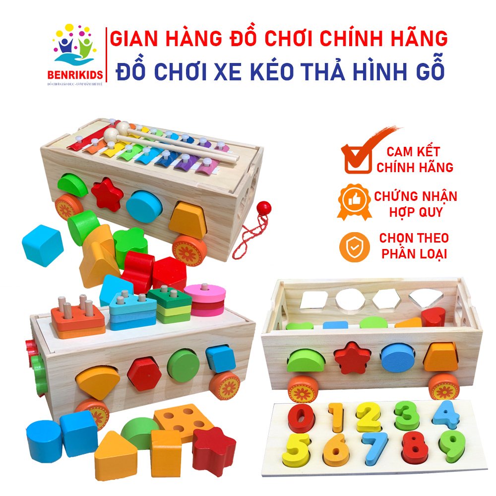 Đồ Chơi Xe Kéo Gỗ 2 Trong 1 Xe Lửa Thả Hình Kết Hợp Số Và Đàn Cho Bé Phân Biệt Màu Sắc Hình Khối Benrikids