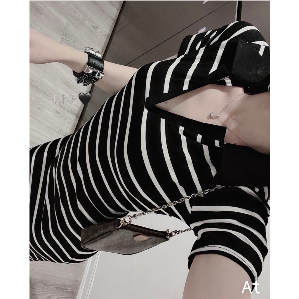 Váy Polo Nữ Body Dáng Dài Qua Gối, Váy Dáng Ôm 2 Màu Đen và kẻ Tôn Dáng Phong Cách Sang Chảnh