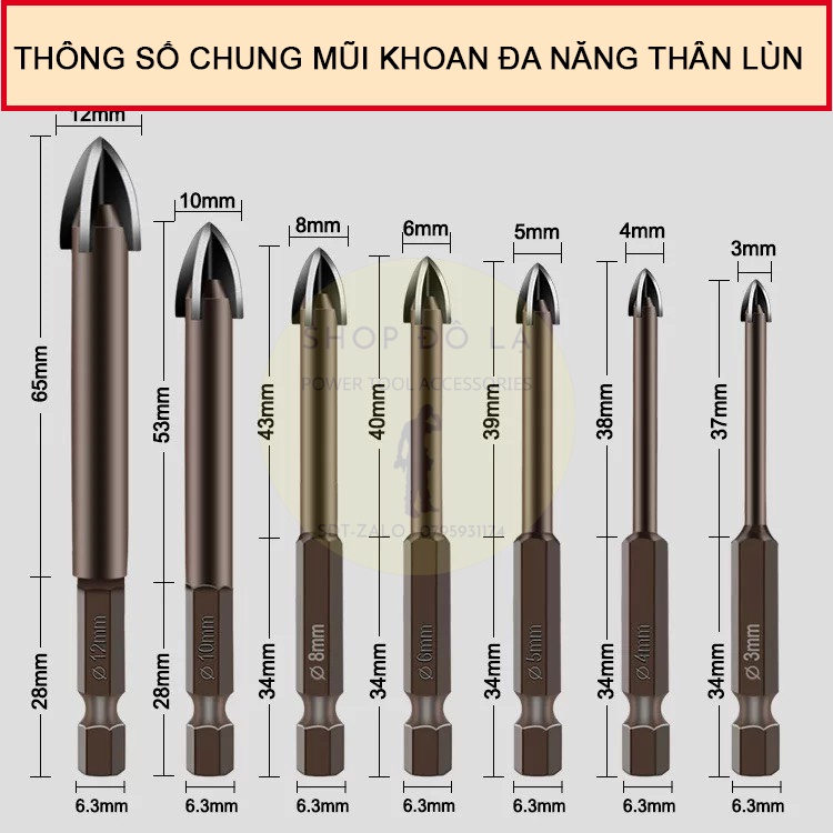 Mũi Khoan Đa Năng Đầu 4 Cạnh Chuôi Lục Khoan Tường, Khoan Kính, Khoan Gạch Men