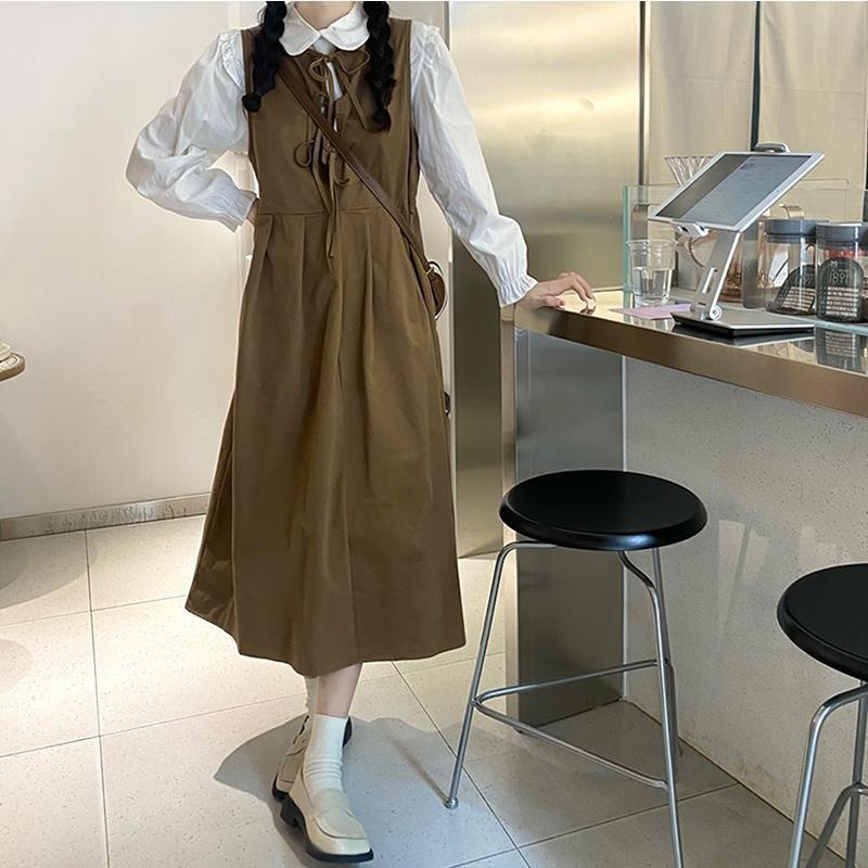 Bộ áo sơ mi + đầm yếm hai dây dáng rộng kiểu Hàn Quốc thời trang mùa thu cho nữ sinh