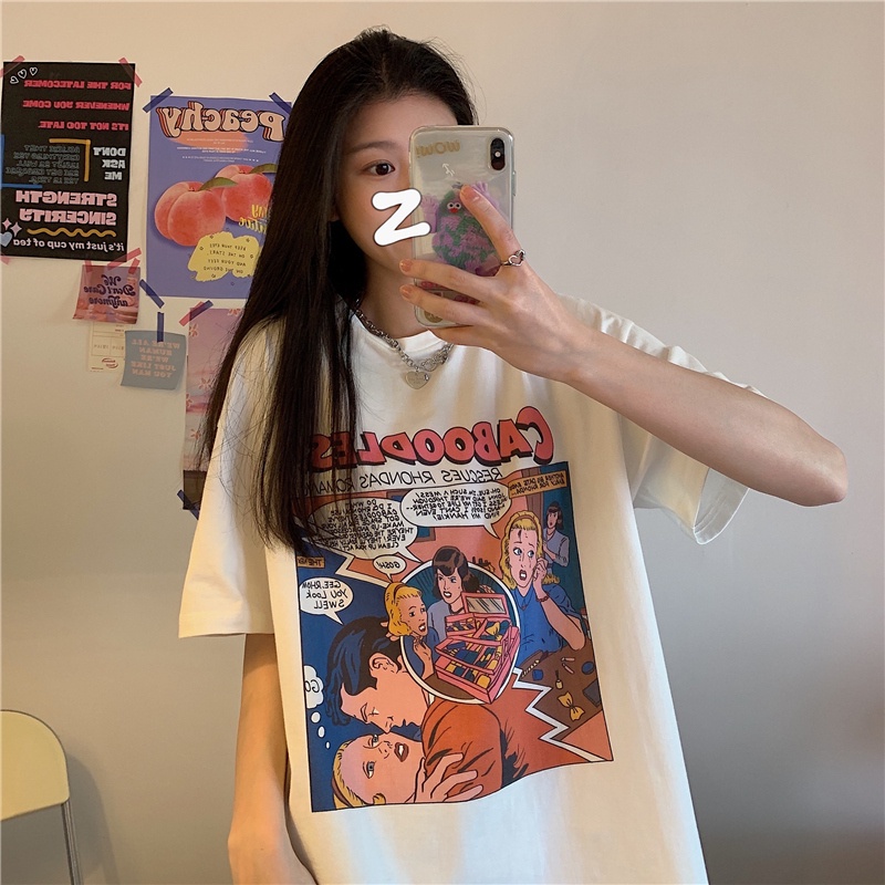SUXI Áo Thun Tay Ngắn Cổ Tròn Form Rộng In Họa Tiết Nhân Vật Đơn Giản Thời Trang Mùa Hè Cho Nữ
