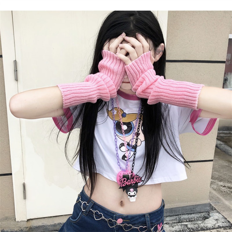 Găng Tay Dệt Kim Hở Ngón Giữ Ấm Phong Cách Harajuku Đáng Yêu Cho Nữ Y2K