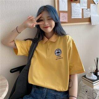 Áo polo nữ màu vàng in logo [Giá rẻ] - Form rộng