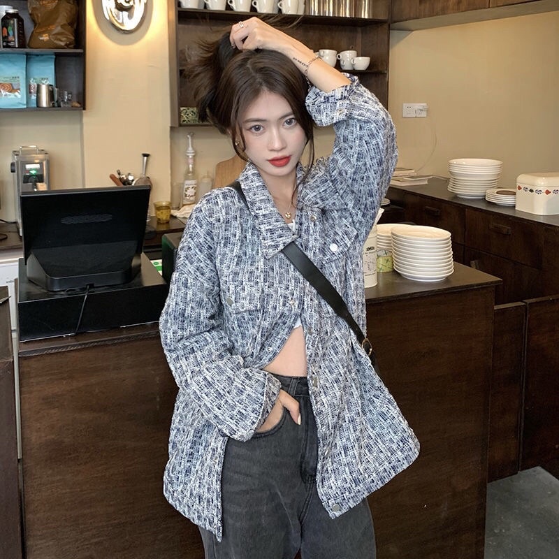 Áo Khoác Dạ Xanh Lam phong cách retro