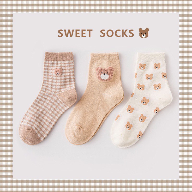 Set 3 đôi tất cổ cao Bivota vớ nữ gấu sắc nâu nhẹ nhàng thanh lịch T89