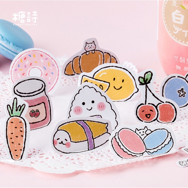 Set 45 miếng dán, sticker trang trí thiệp, sổ, đồ dùng cá nhân chủ đề MÓN ĂN siêu dễ thương BAG U