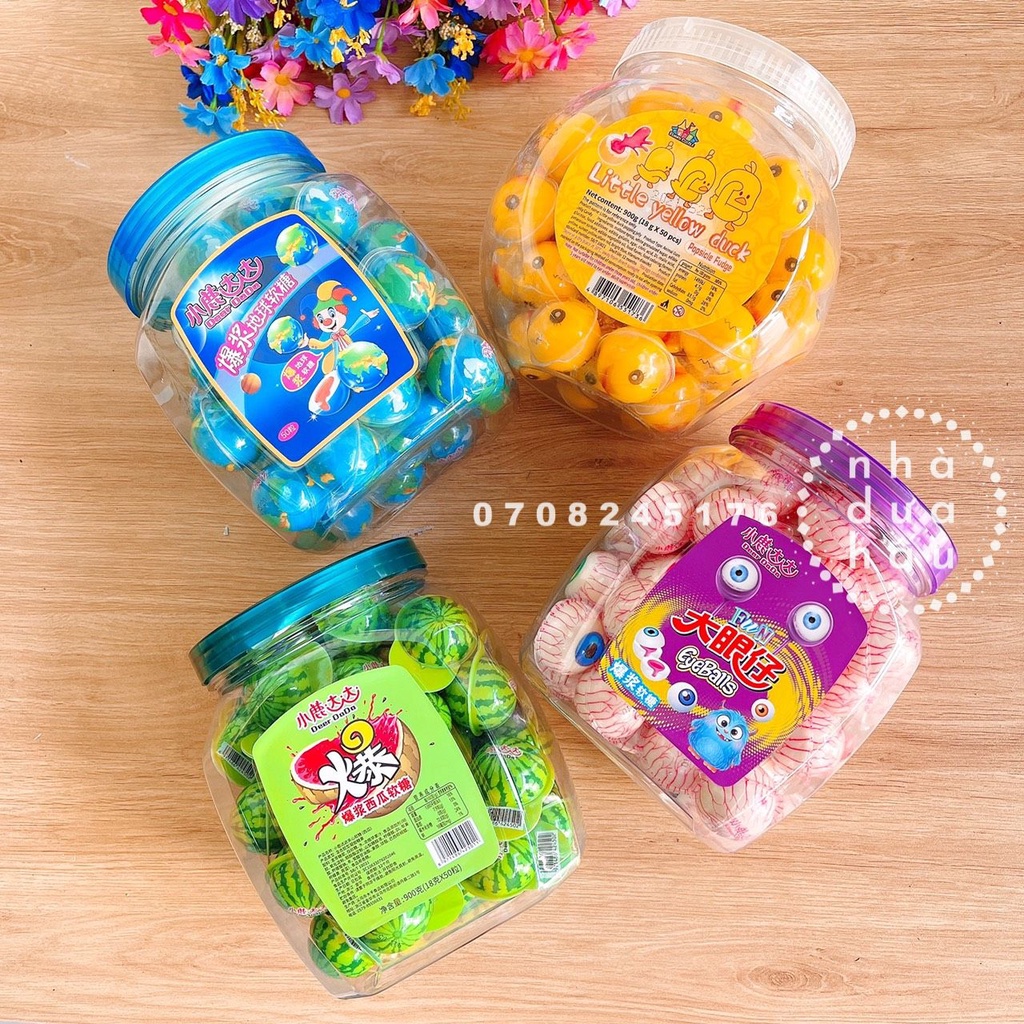 Một hủ kẹo dẻo CÓ NHÂN hình mắt/trái đất/dưa hấu/vịt vàng/đào hồng hủ 50 viên lớn mỗi viên 18g