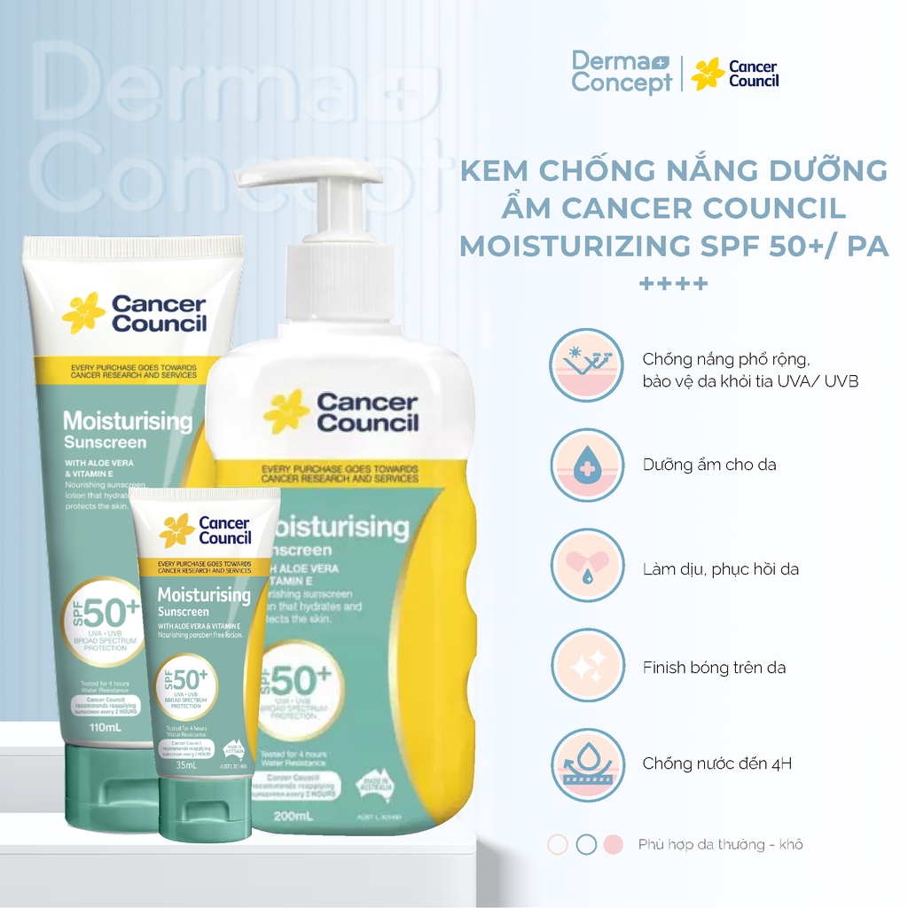 Kem chống nắng Dưỡng ẩm Cancer Council Moisturizing SPF 50+/ PA ++++