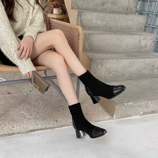(hình thật) Boot lửng da lộn (nỉ) mũi da gót vuông cao cấp