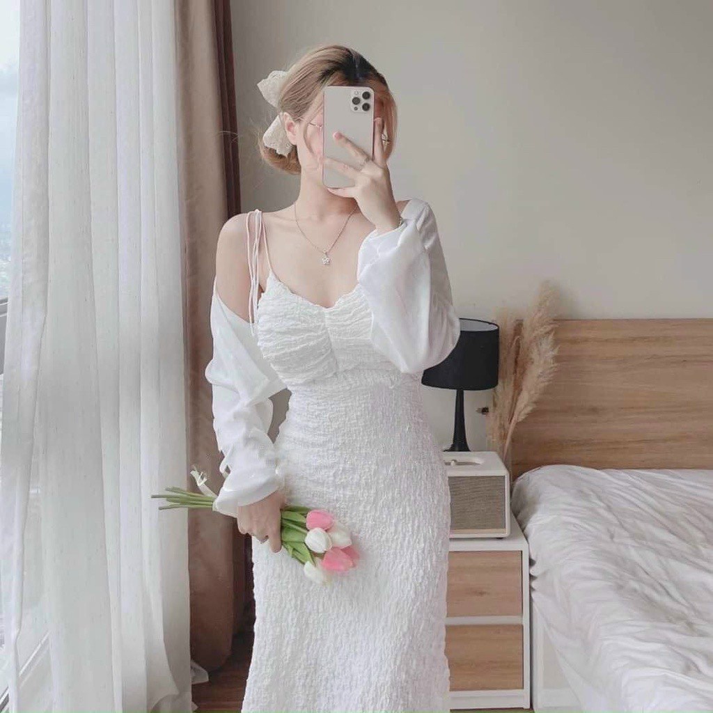 Set đầm hai dây dáng dài sexy kèm áo khoác cardigan sang chảnh tiểu thư