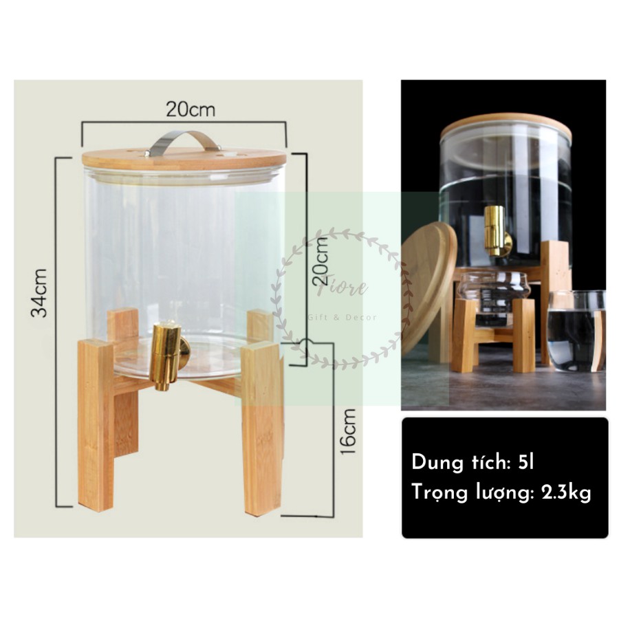 Bình thủy tinh ngâm rượu - bình nước có vòi kèm giá gỗ nhiều kích cỡ