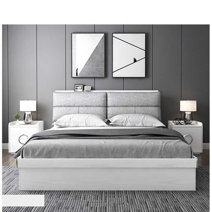 Giường ngủ hiện đại,có ngăn kéo chứa quần áo nhẹ thiết kê bọc khối viền đặc biệt, gỗ công nghiệp sơn trắng