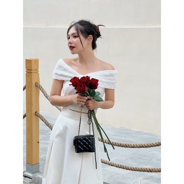 Chân váy dài Lalin- xếp ly dáng dài trắng đen