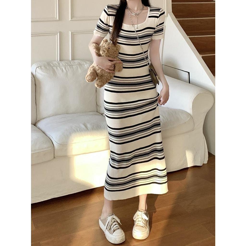 Đầm Dài Cổ Vuông Họa Tiết Kẻ Sọc Thời Trang Mùa Hè Xinh Xắn Cho Nữ