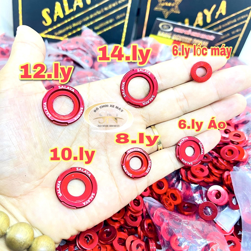 Long đền nhôm 6li 8li 10li 12li 14li màu đỏ có chữ salaya gắn lốc máy gắn hộp sên ốc áo nhiều dòng xe