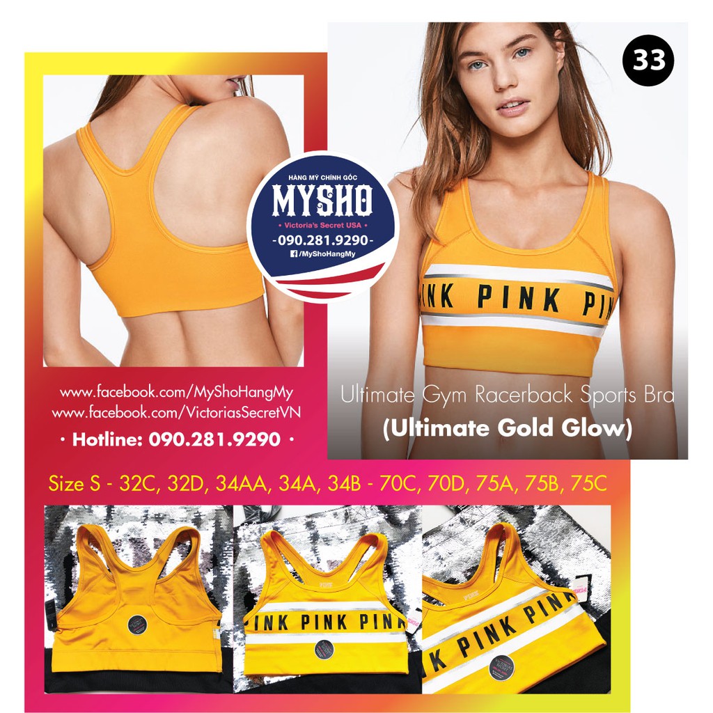 Áo thể thao (33) Ultimate Gold Glow màu vàng, không mút, hàng nhập Victoria's Secret, Size S