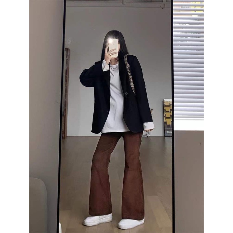 Quần dài ống loe lưng cao phong cách retro Hàn Quốc dễ phối đồ cho nữ