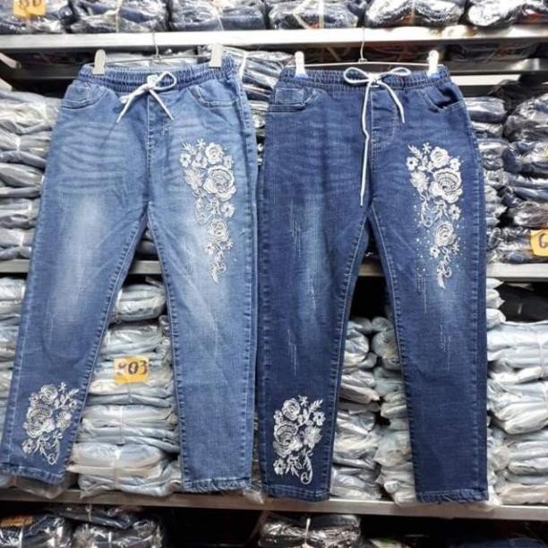 Quần bò lỡ cạp chun thêu hoa cao cấp xuất Âu (7 mẫu) - Quần jean nữ cao cấp size đại từ 45-70kg .p1 ^^