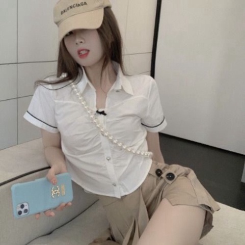 Sét Sơ Mi Trắng Dáng Ngắn Mix Kèm Chân Váy Khuy Xẻ Hàng Quảng Châu chất đẹp dễ thương thời trang FreeShip C