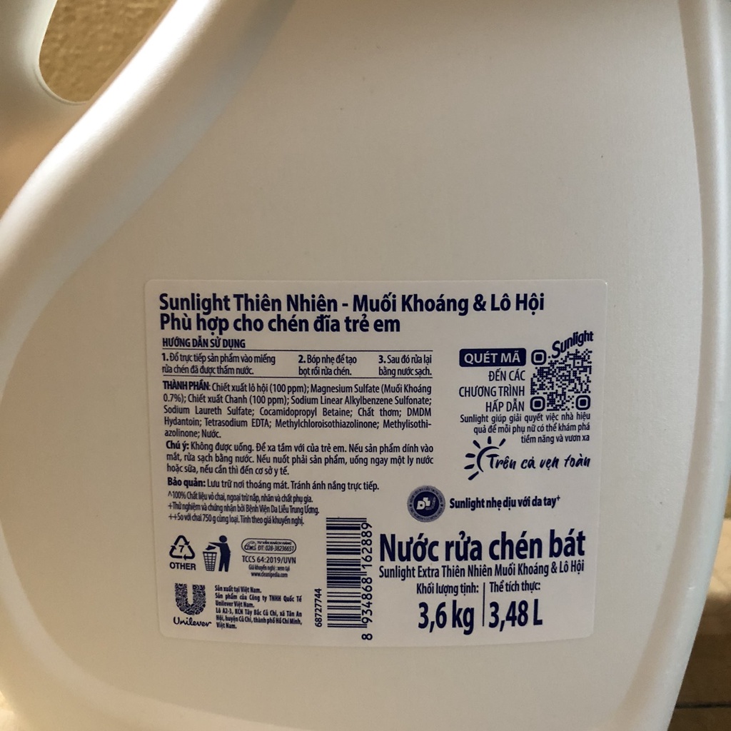 Nước Rửa Chén Sunlight Muối Khoáng/ Trà Xanh 3,6kg