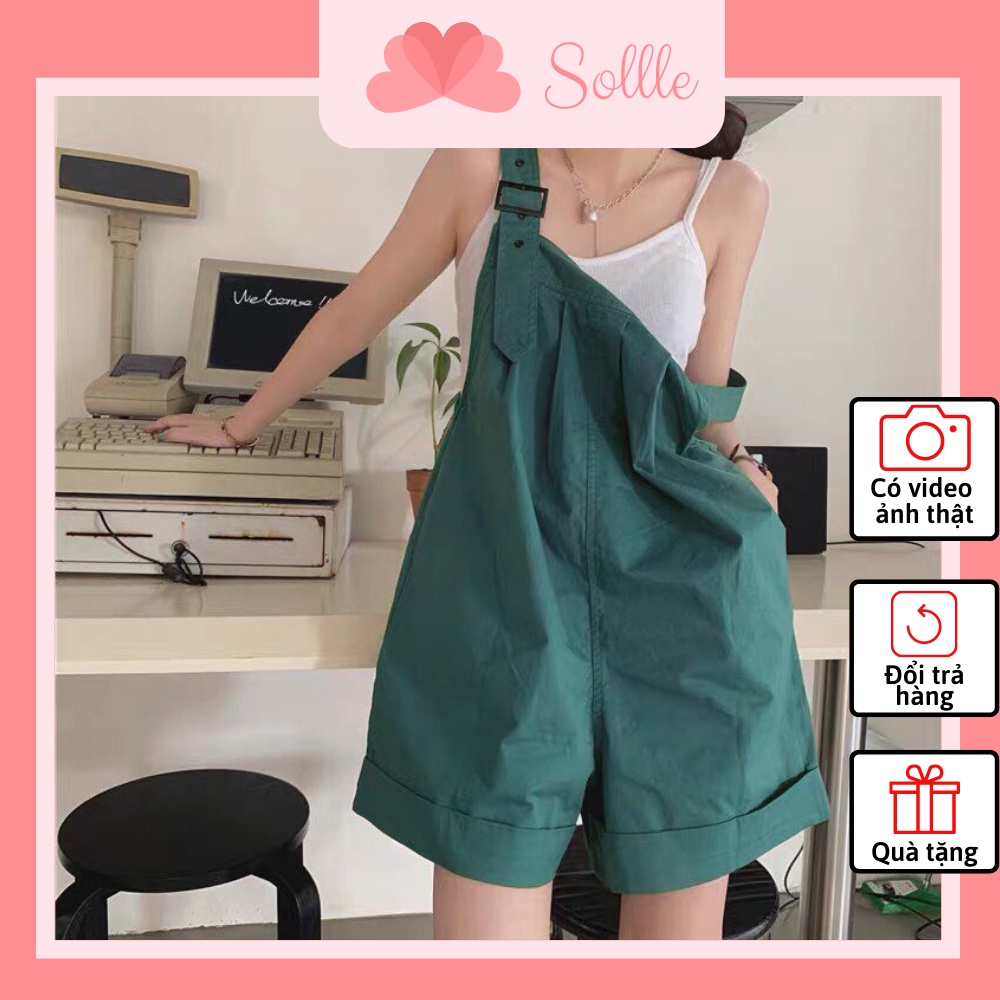 Quần short yếm kaki đùi lửng form rộng dáng suông nữ Ulzzang cute màu xanh trendy unisex Sollle