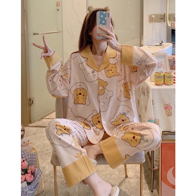 BỘ ĐỒ NGỦ NỮ MẶC NHÀ DÀI TAY COTTON ULZZANG CAO CẤP HOT 2021