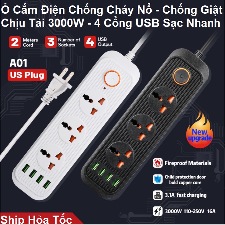 Ổ Cắm Điện Chống Cháy Nổ - Chống Giật - Tích Hợp 4 Cổng USB Sạc Nhanh QC3.0 - Chịu Tải 3000W - Bảo Hành 12 Tháng