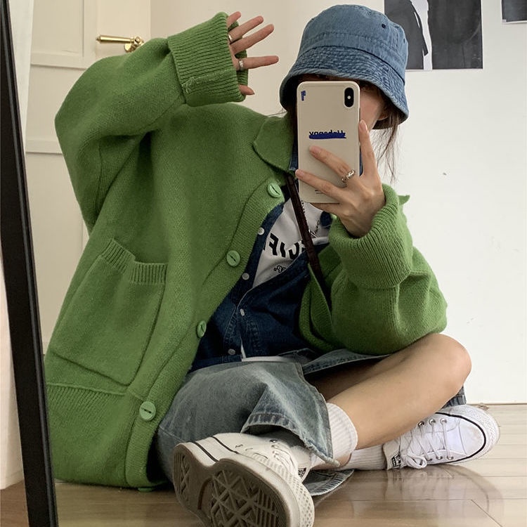 Áo khoác cardigan dệt kim dày dáng rộng phong cách retro Hàn Quốc mới