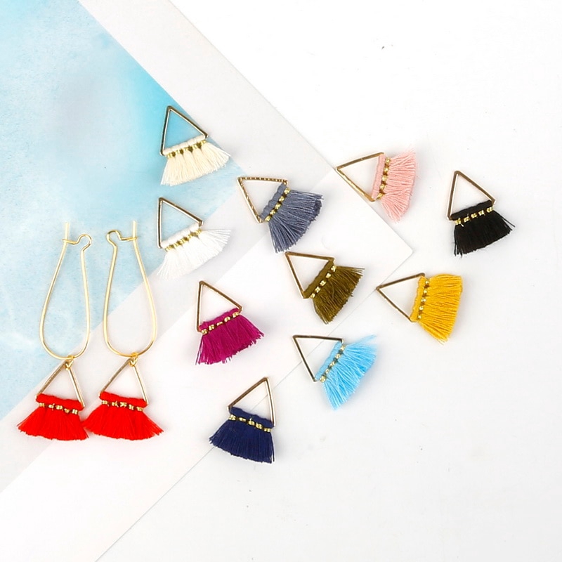Set 2 phụ kiện hình tam giác nhỏ bằng kim loại phối tua rua cotton polyester 25mm với 17 màu dùng làm móc khóa diy