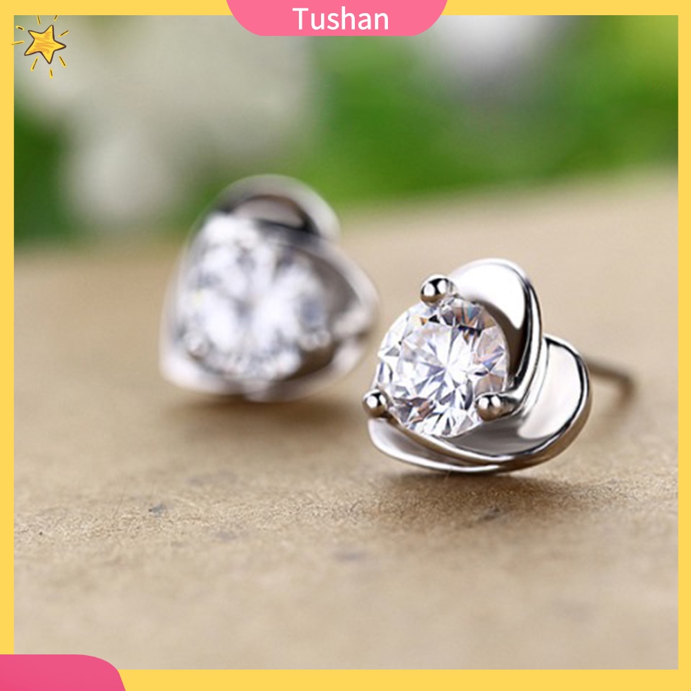 TUSH Lady Rhinestone Inlaid Heart Ear Stud Earrings Women Jewelry Valentine Day Gift