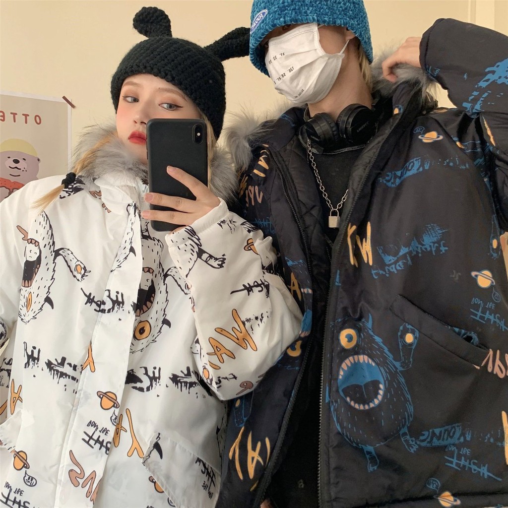 Áo khoác cotton dáng rộng phối cổ lông cỡ lớn thời trang hip hop mùa đông 2020 cho nam nữ | BigBuy360 - bigbuy360.vn